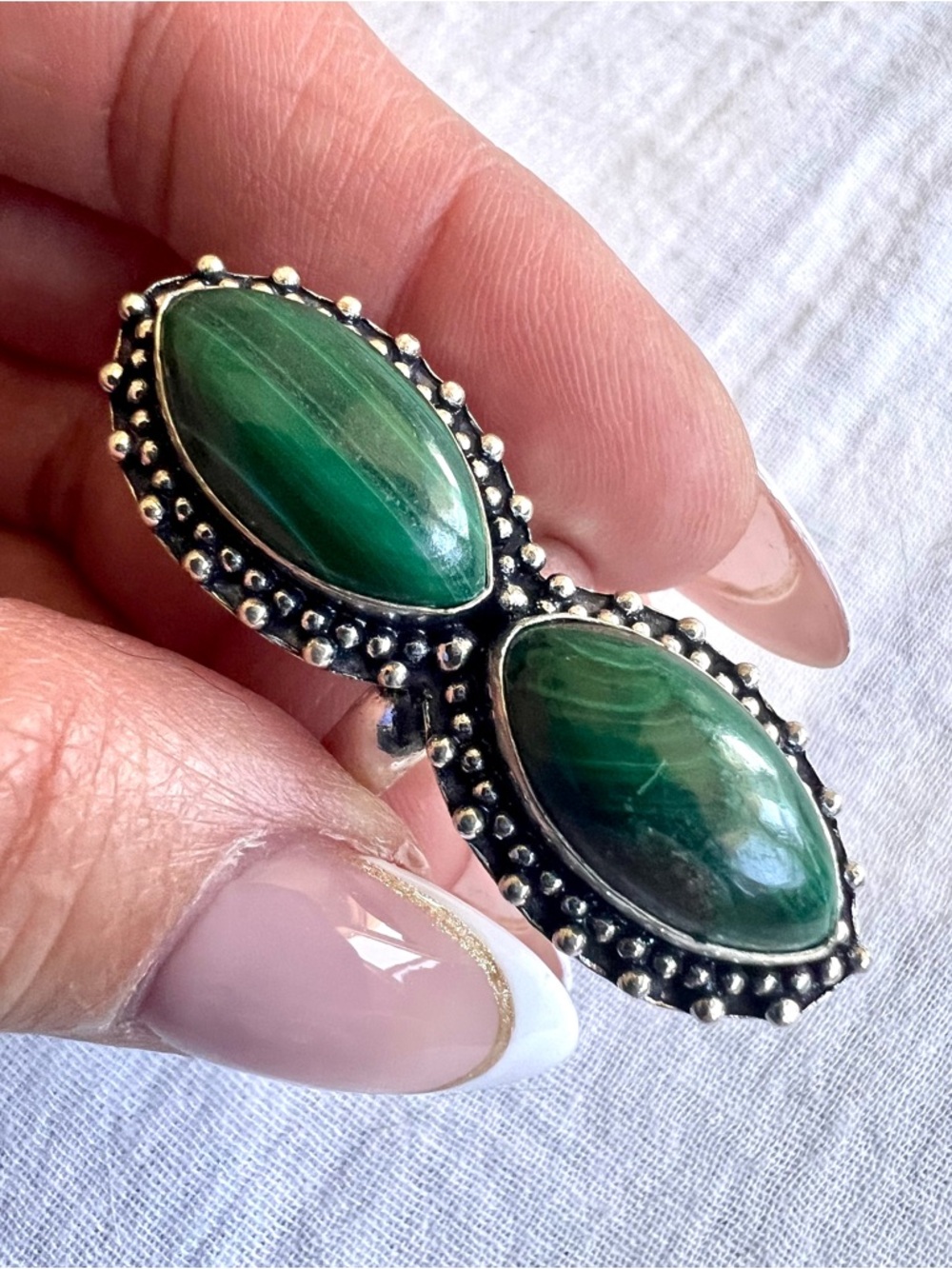 925 WOW! Double Malachite Long Infinity Ring 6.25